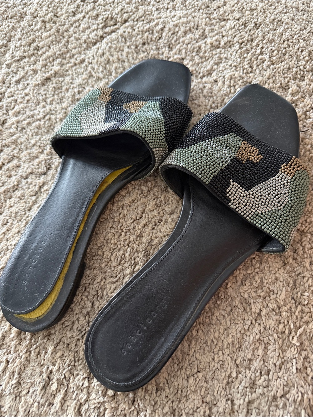 Sanctuary Beaded Camo Slide Sandals - Black/Green/Tan
